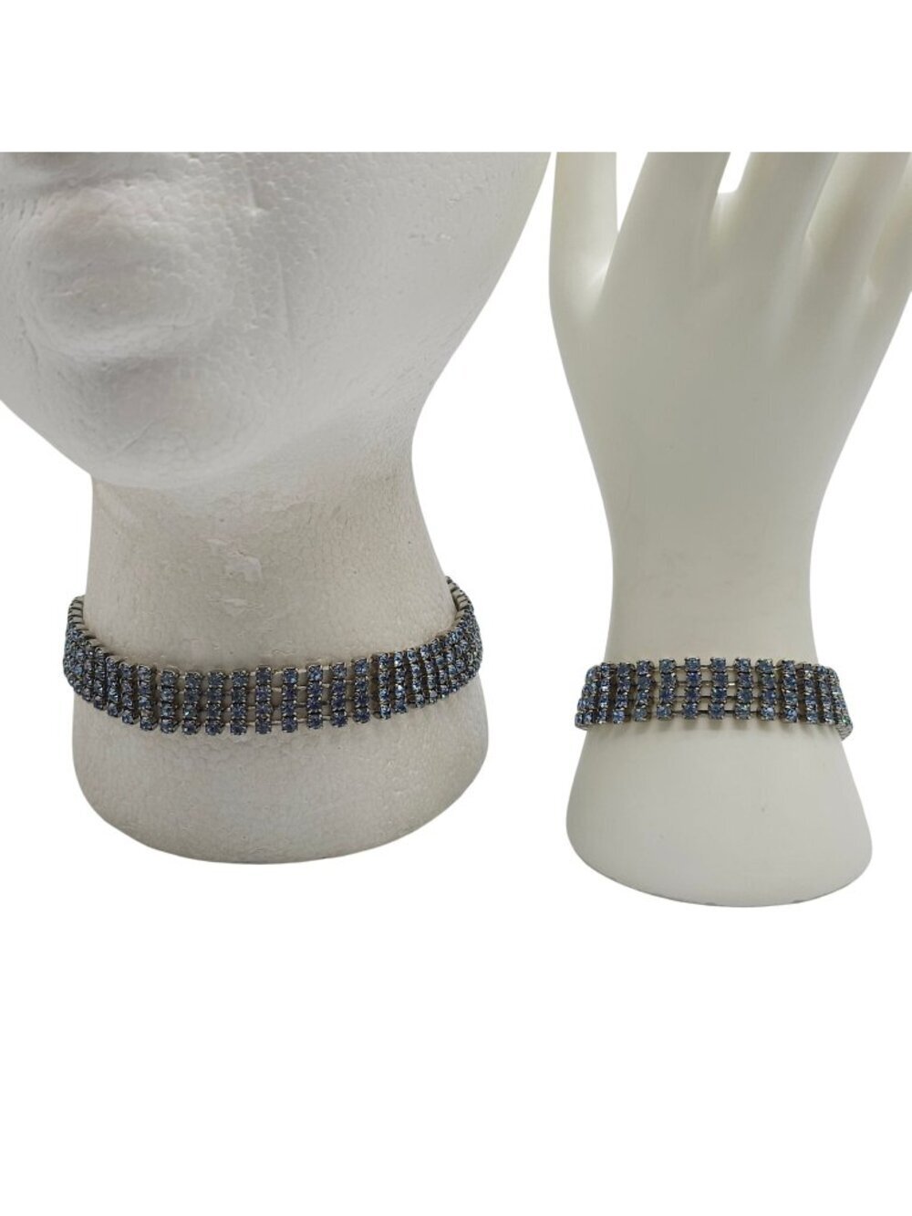 Vintage Rhinestone Choker Bracelet Set Ice Blue Stones Adjustable Sparkly Glam